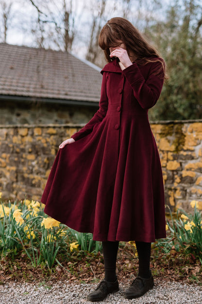 Burgundy Hooded Wool Coat – Romantic Fit & Flare Winter Midi | Xiaolizi 3424