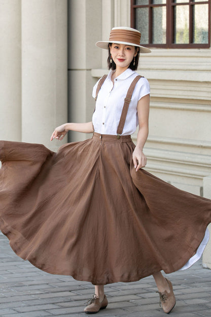 White Linen Shirt Top - Loose Fit, Lapel Collar 4921
