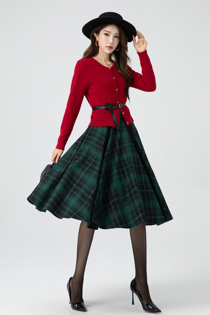 Handmade Wool Plaid Circle Skirt – Vintage High Waist Winter Midi Skirt | Xiaolizi 5319