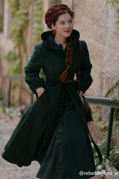 Dark Green Wool Blend Coat – Handmade Hooded Vintage Winter Elegance 3870
