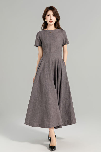 Cottagecore Linen Midi Dress with Pockets – Vintage Fit and Flare Summer Dress 4960