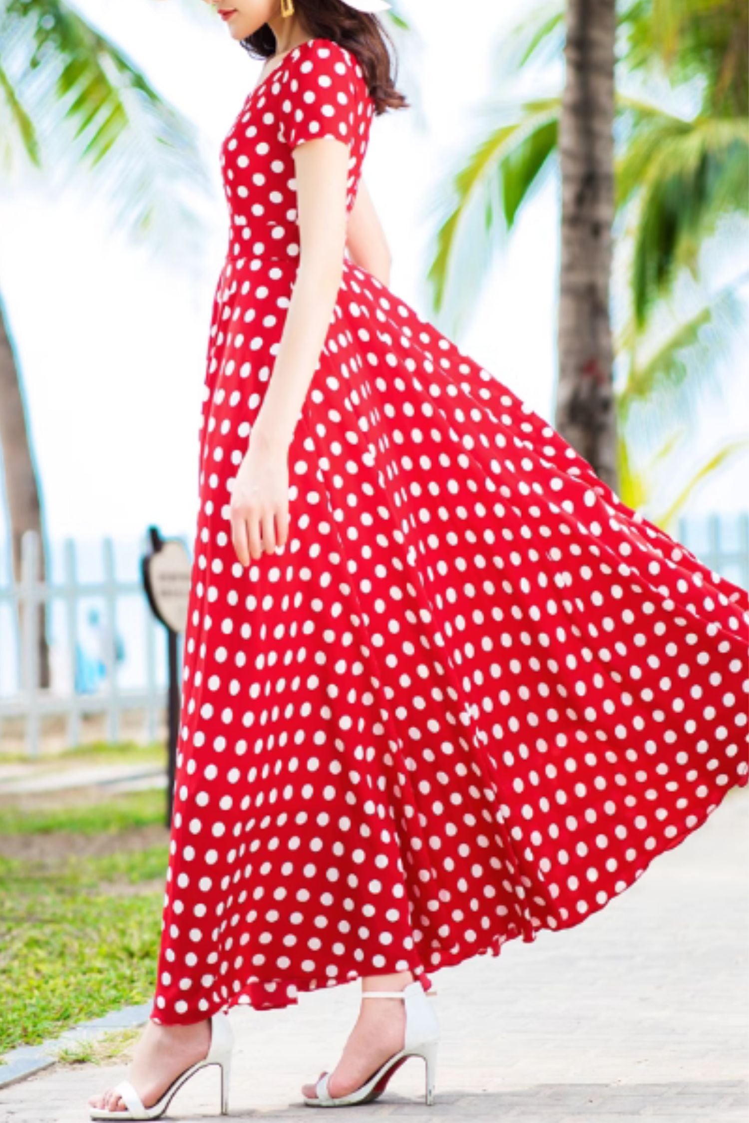 Red Chiffon Maxi Dress - Polka Dot Fit and Flare 5157