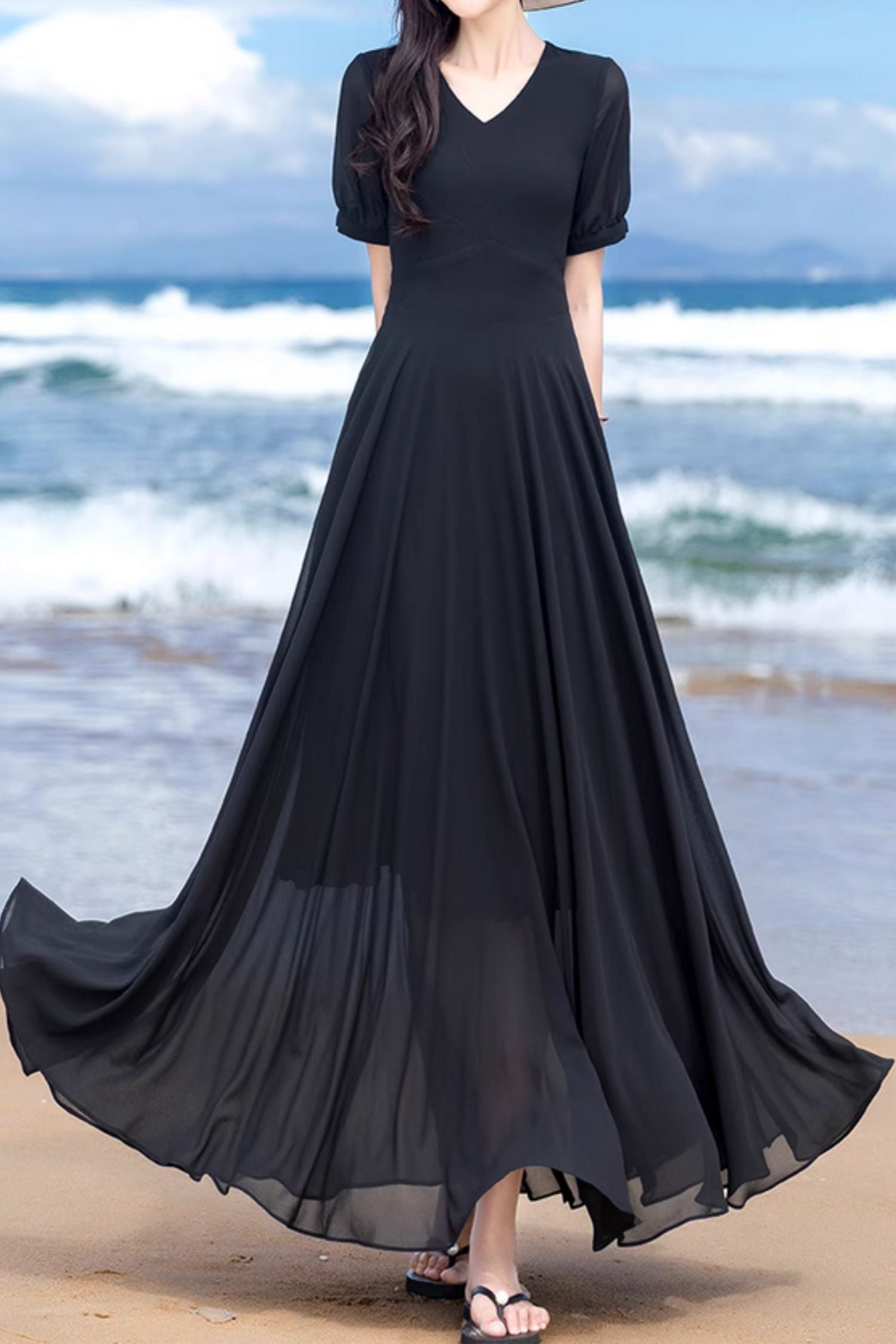 Fit and flare black maxi swing summer chiffon dress 5153 - black / XS Fit and flare black maxi swing summer chiffon dress 5153 - black / XS