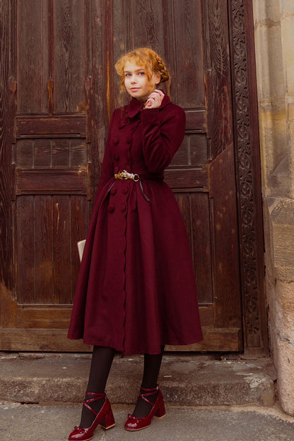 Handmade Burgundy Wool Coat – Vintage Winter Princess Dress Coat 4743