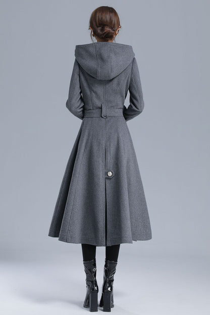 Gray Wool Coat Midi with Hood - Double Breasted Military Style 3213