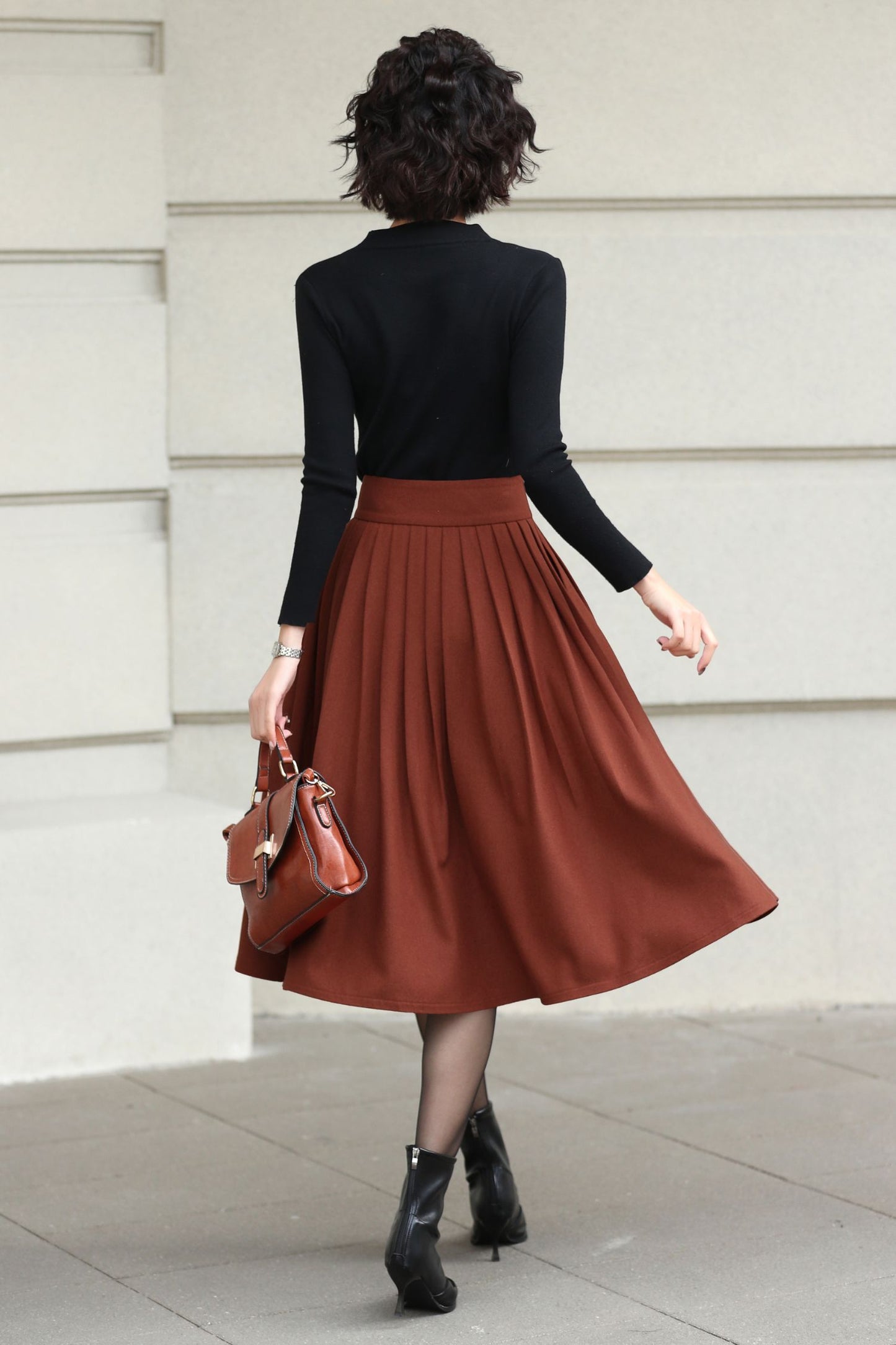 Xiaolizi Rust Brown Wool Midi Skirt for Women – Handmade High-Waist A-Line Winter Skirt 6608