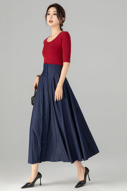 Navy Cotton Denim Midi Skirt - A-Line High Waist Button Front 6143