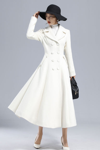 White Double Breasted Long Wool Coat 3235