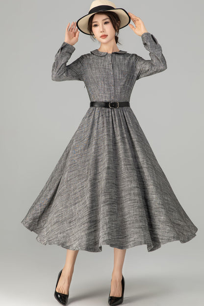 Gray Linen & Cotton A-Line Midi Dress - Button-Up with Waist Belt 5710