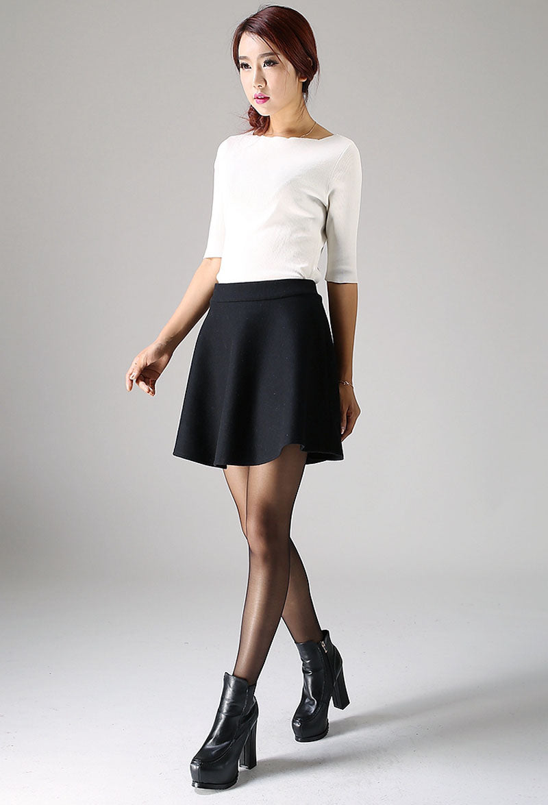 Black Wool Blend Mini Skirt - High Waisted A-Line Pleated 1101