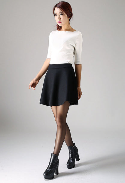 Black Wool Blend Mini Skirt - High Waisted A-Line Pleated 1101