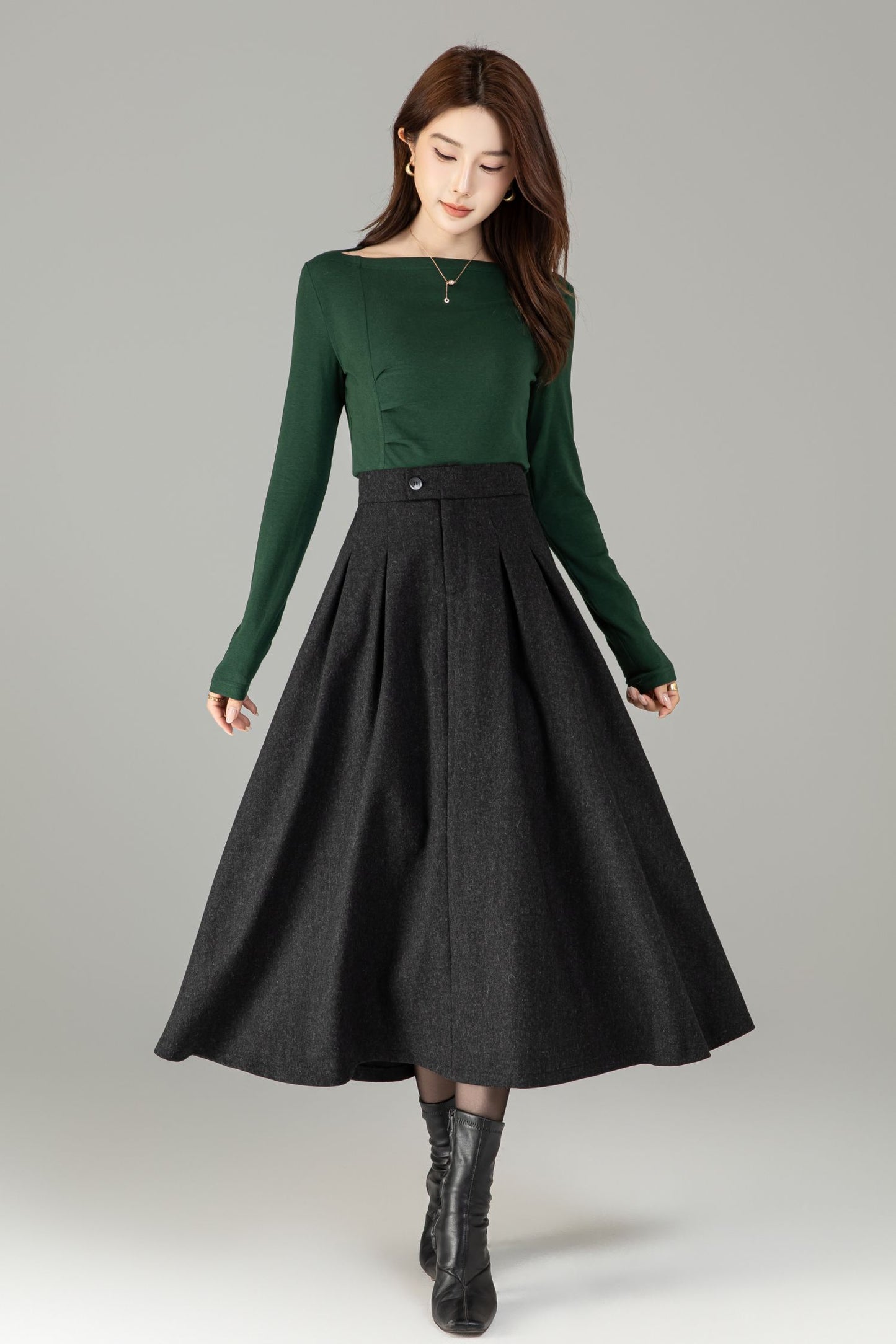Xiaolizi Classic Pleated Wool-Blend A-Line Midi Skirt – Plus-Size Winter Black 6503