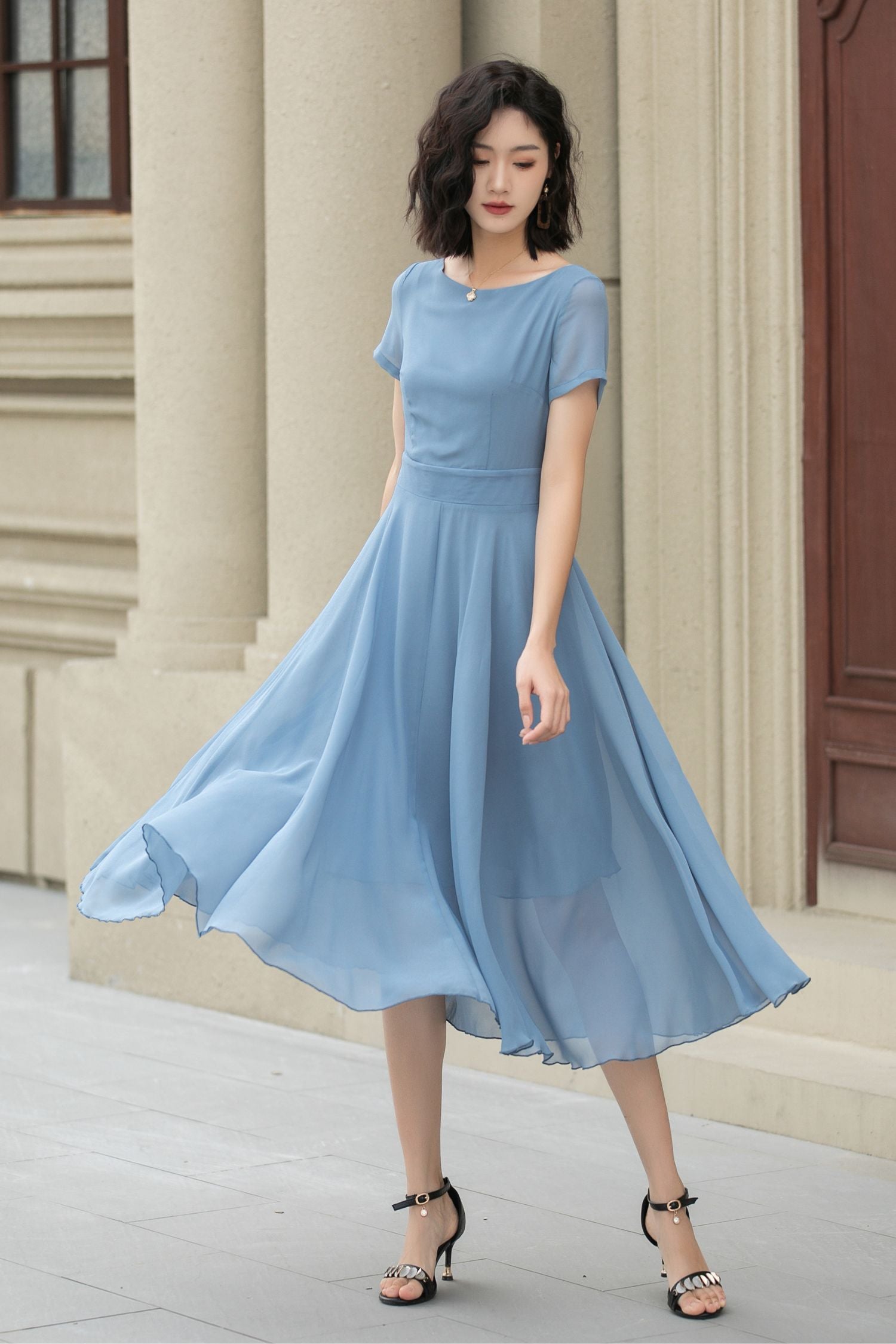 Handmade Blue Chiffon Midi Dress Vintage Fit and Flare Summer Dress | Xiaolizi 5115 Blue / XS Handmade Blue Chiffon Midi Dress Vintage Fit and Flare Summer Dress | Xiaolizi 5115 Blue / XS