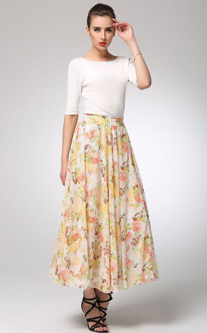 Floral Chiffon Maxi Skirt with Elastic Waist | Xiaolizi 1275