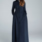 Navy blue maxi wool coat with hood 1637#