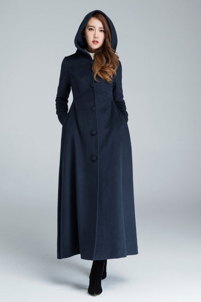 Handmade Blue Wool Coat – Vintage Inspired Hooded Maxi Overcoat 1637