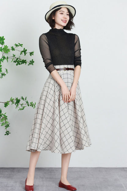 Plaid Linen Midi Skirt - High Waist Circle Swing Tartan | Xiaolizi 5738