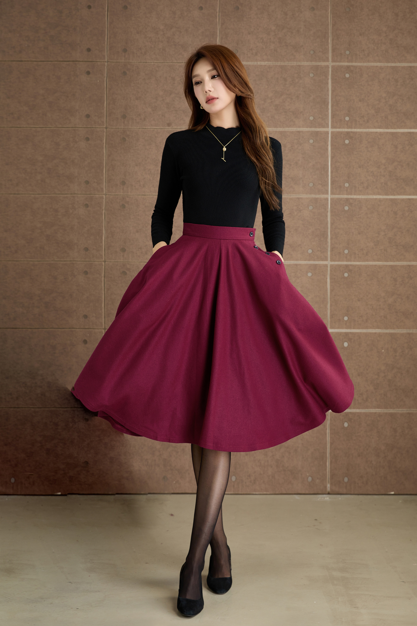 Burgundy knee length swing wool skirt 5362