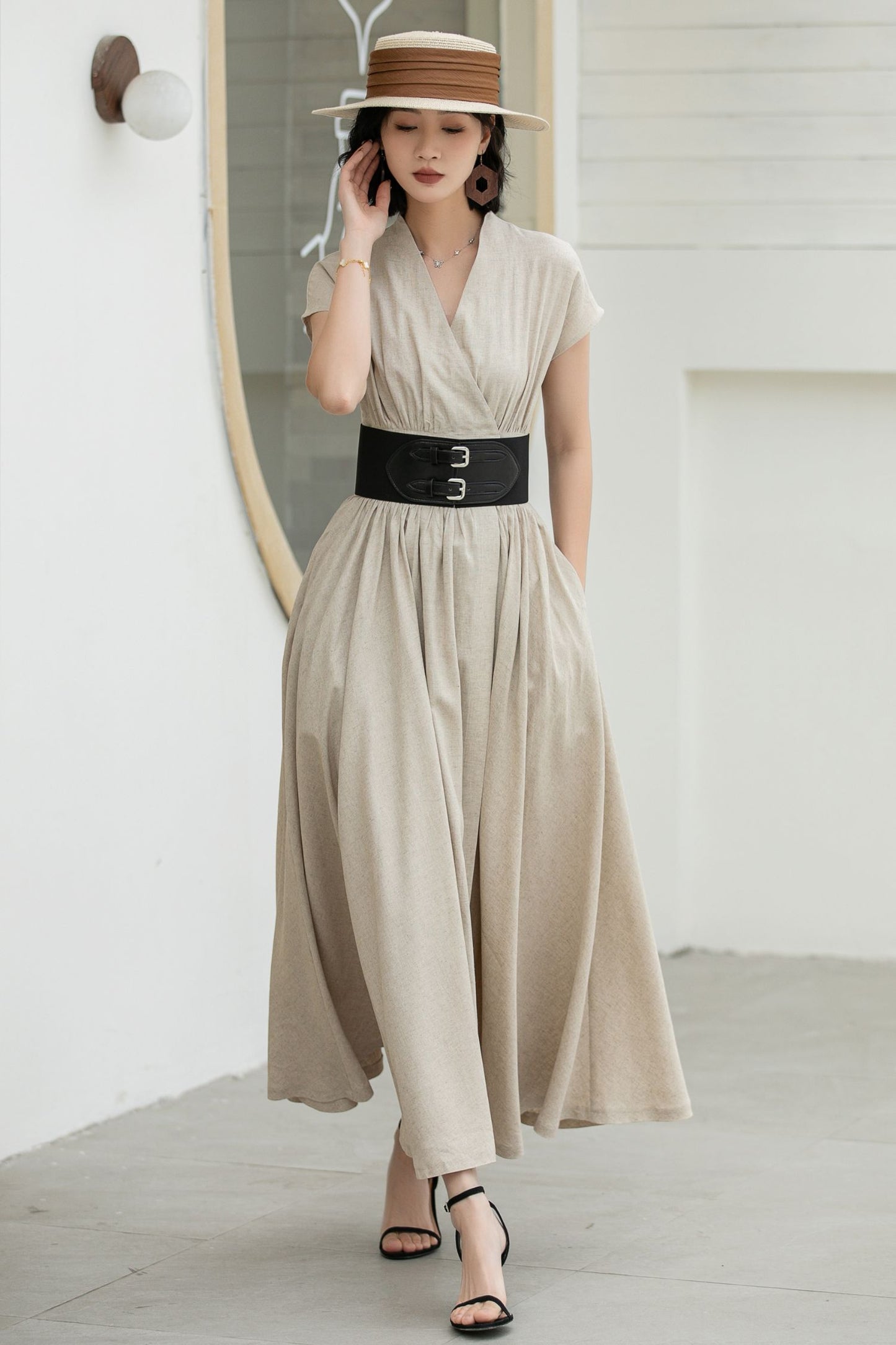 Beige Linen Wrap Dress – Short Sleeve Midi Dress with Belt & Pockets 5836