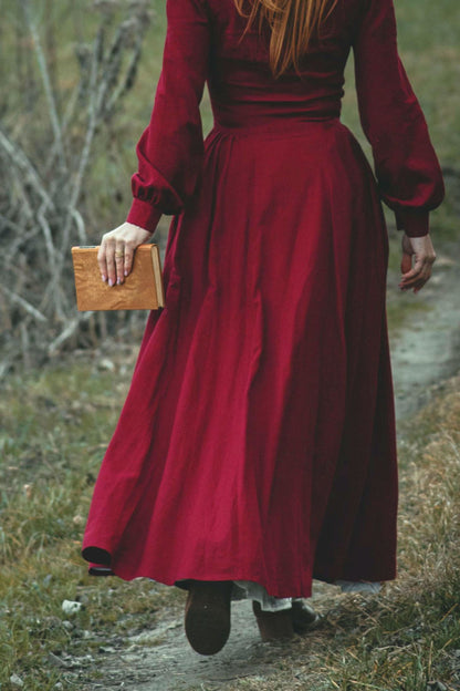 Burgundy Linen Cotton Maxi Dress - Pleated Waist & Lantern Sleeves 5105