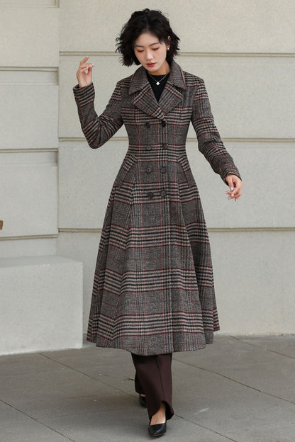 Plaid Wool Coat - Vintage Inspired Fit and Flare Long Double Breasted 6529