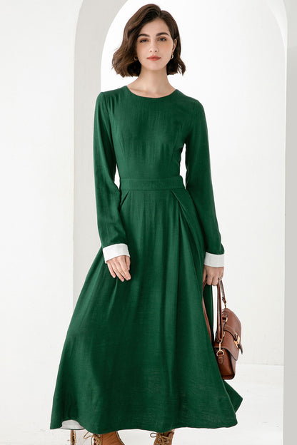 Emerald Green Linen Maxi Dress - Fitted Waist with Pleated Flare Skirt 3830