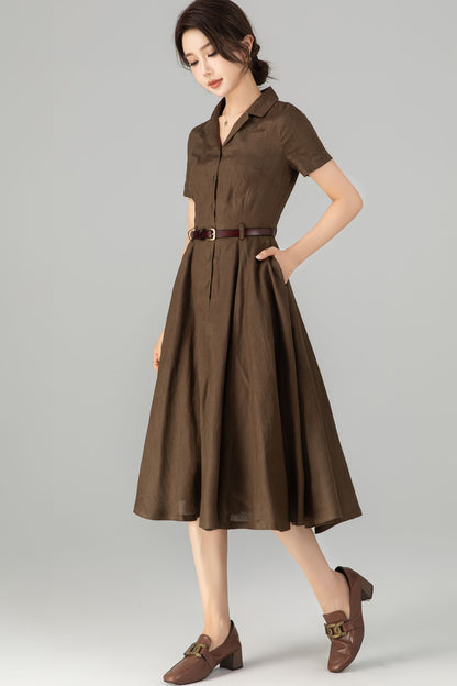 Coffee Linen Dress - Retro Midi Shirt Dress with Belted Waist 5711