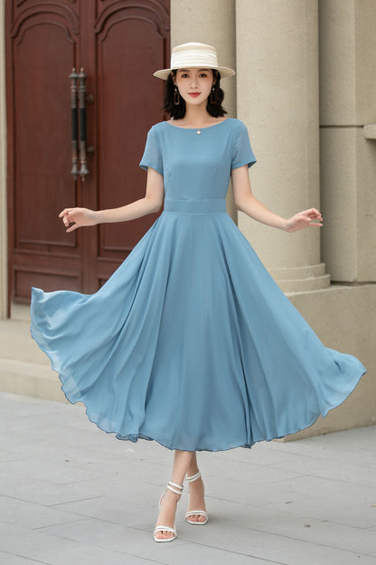 Blue Chiffon Midi Dress - Swing Silhouette with Fitted Waist 5147