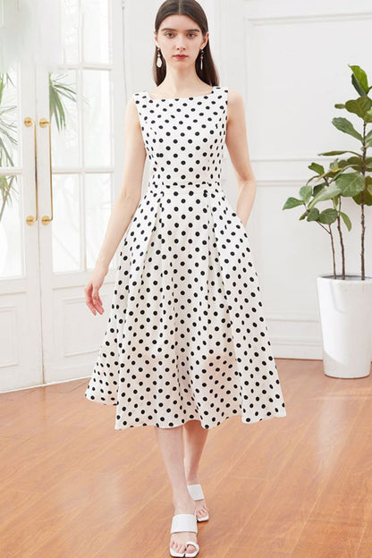 Black & White Linen Dress - Sleeveless Polka Dot A-Line Midi 5140