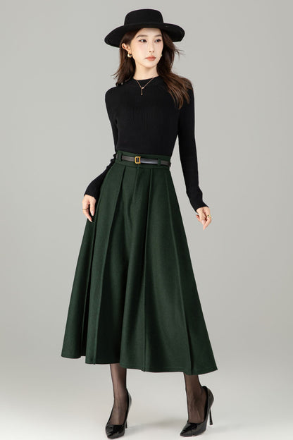 Army Green Wool Maxi Skirt - A-Line Vintage Elegance 6497