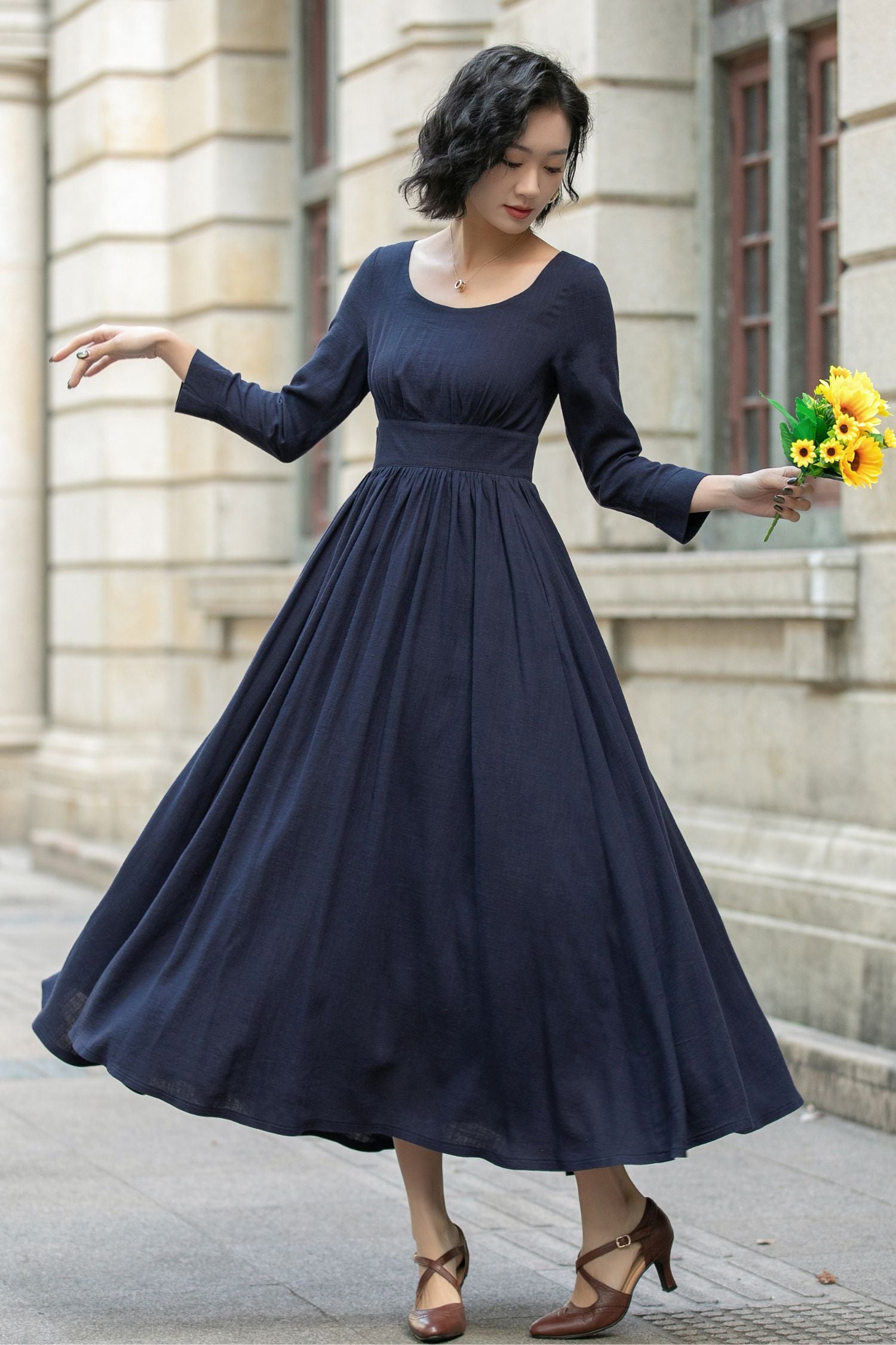 Navy Blue Linen Cotton Maxi Dress - Pleated Waist, Relaxed Fit 5683