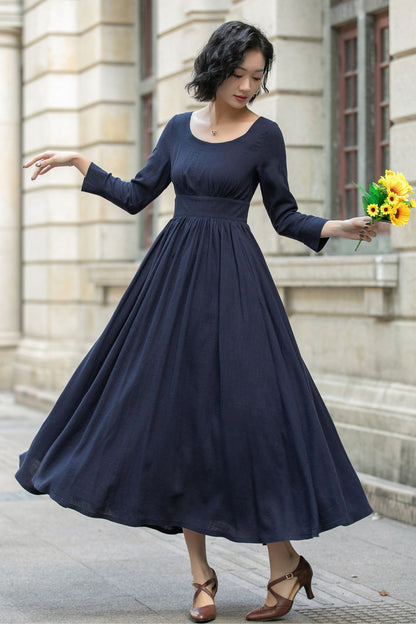 Navy Blue Maxi Linen Dress 5683 – Xiaolizi Navy Blue Maxi Linen Dress 5683 – Xiaolizi