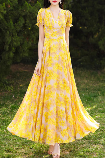 Yellow Floral Chiffon Maxi Dress - Romantic V-Neck, Fitted Waist 5093