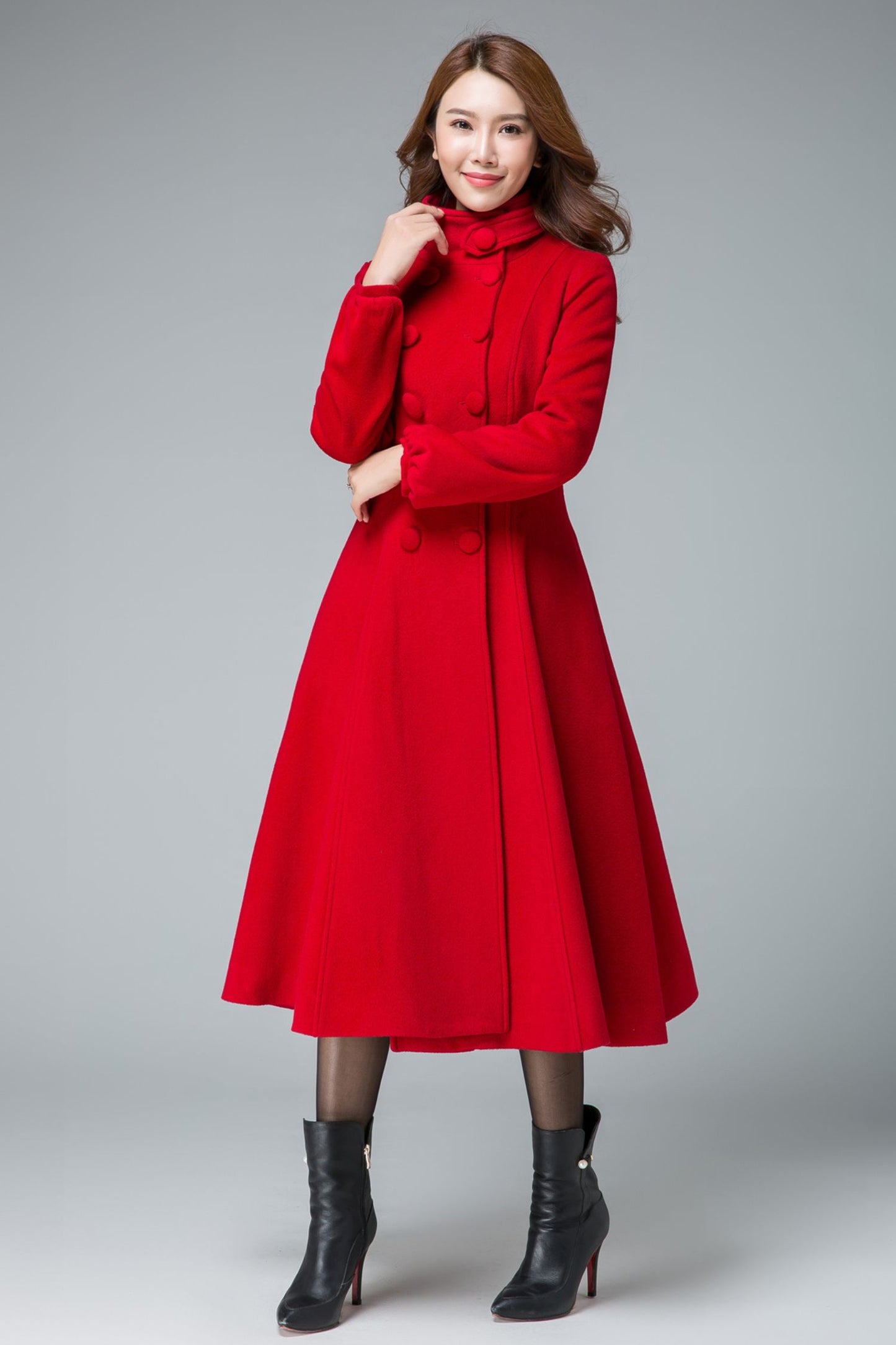 Red Fit and Flare Wool Long Winter Coat Women 1846#