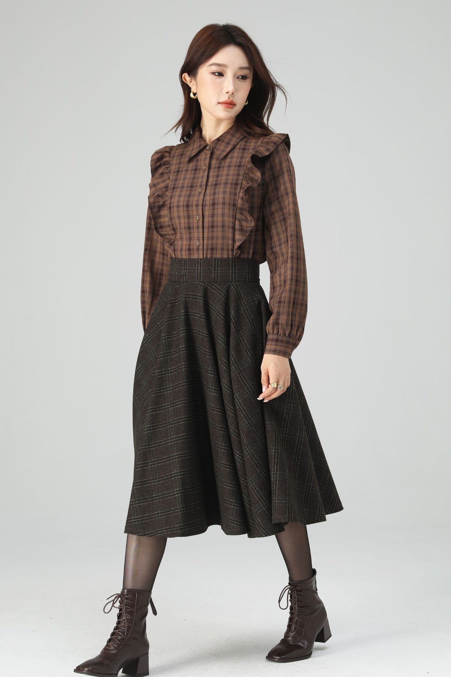 Brown Polyester Plaid Shirt - Relaxed Fit with Scalloped Details 6399