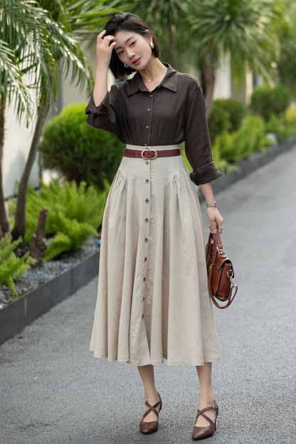 Beige Linen Midi Skirt – High Waist A-Line Button Front Skirt 6666