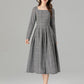 Spring plaid long sleeves swing linen dresses 4935
