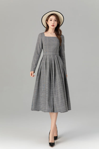 Plaid Linen Midi Dress - Swing Silhouette with Long Sleeves 4935