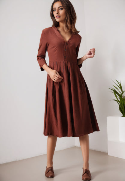 Brown Linen Blend Midi Dress - V-Neck, Button-Up, Relaxed Fit 5600