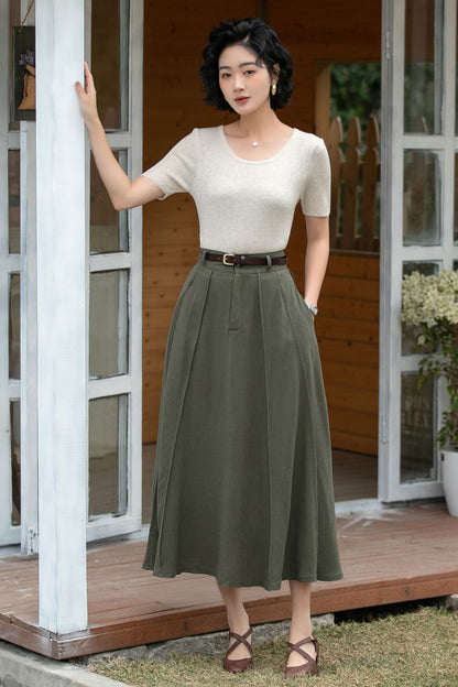Xiaolizi Olive Green Linen Midi Skirt – Vintage High Waist A-Line 6696
