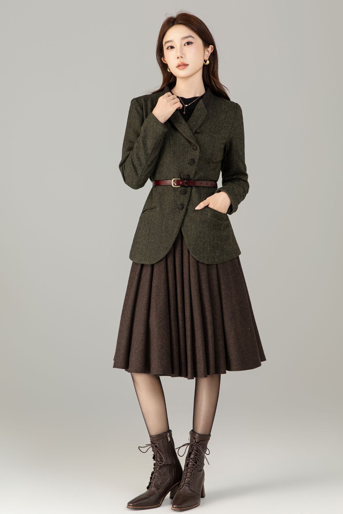 Vintage Wool Blend Circle Skirt – Handmade Knee Length Winter Skirt with Pockets | Xiaolizi 6499