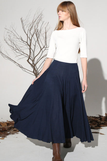 Women’s Handmade Linen Maxi Skirt – Dark Blue Long Flowy Skirt | Xiaolizi 1156