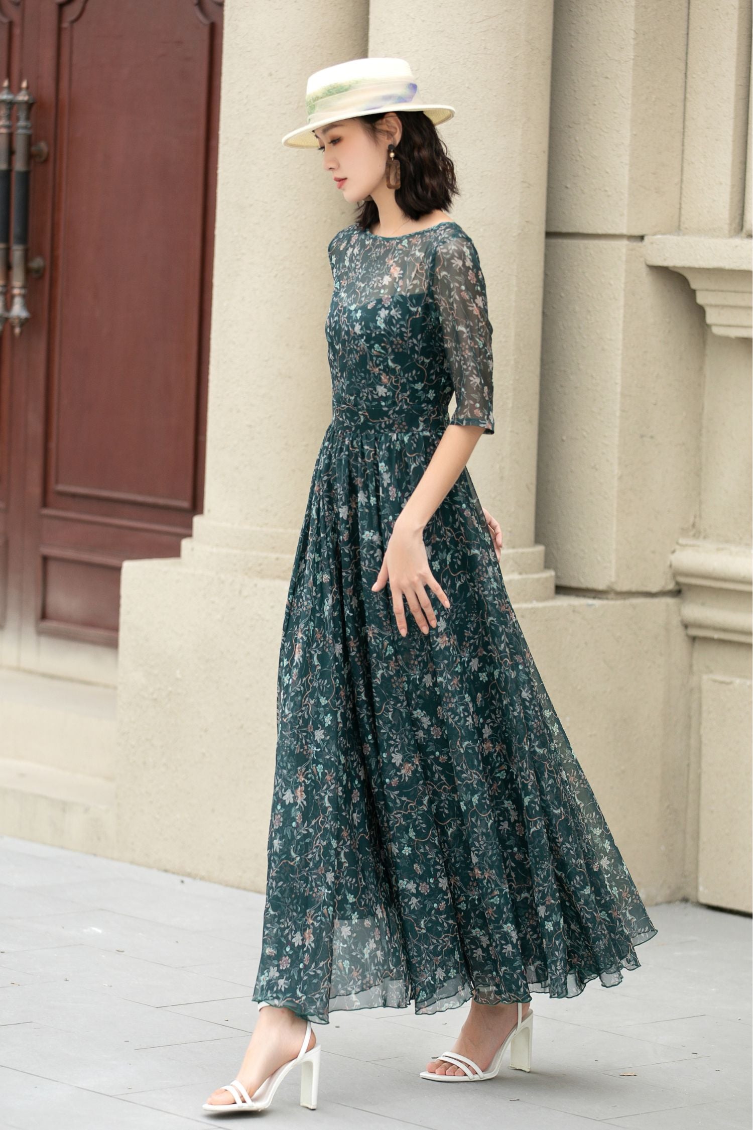 Floral Chiffon Swing Dress - Boat Neck Maxi Prom | Xiaolizi 5146 - Floral / XS Floral Chiffon Swing Dress - Boat Neck Maxi Prom | Xiaolizi 5146 - Floral / XS