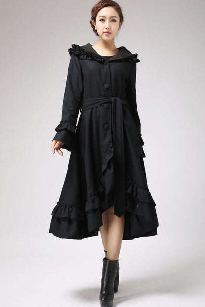 Women’s Hooded Wool Coat – Long Maxi Winter Coat with Ruffle Details 0713