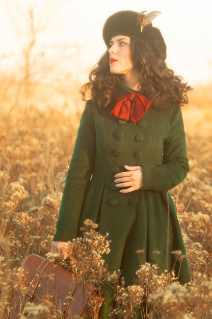 Forest Green Wool Blend Coat - Double Breasted Fitted Waist 3243