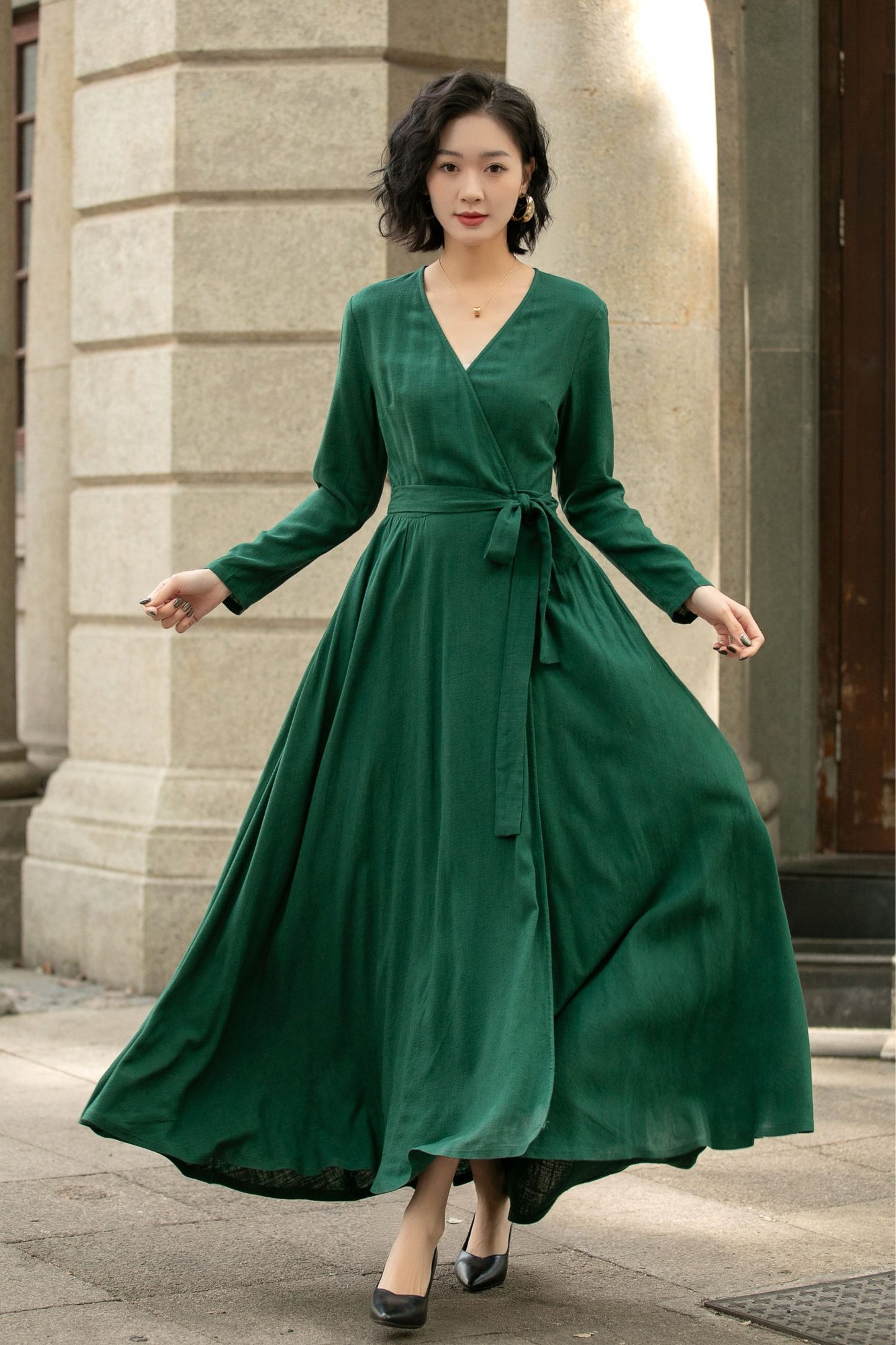 Green Wrap Linen Dress for Women 5673