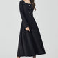 Long sleeves black midi wool dress 4521