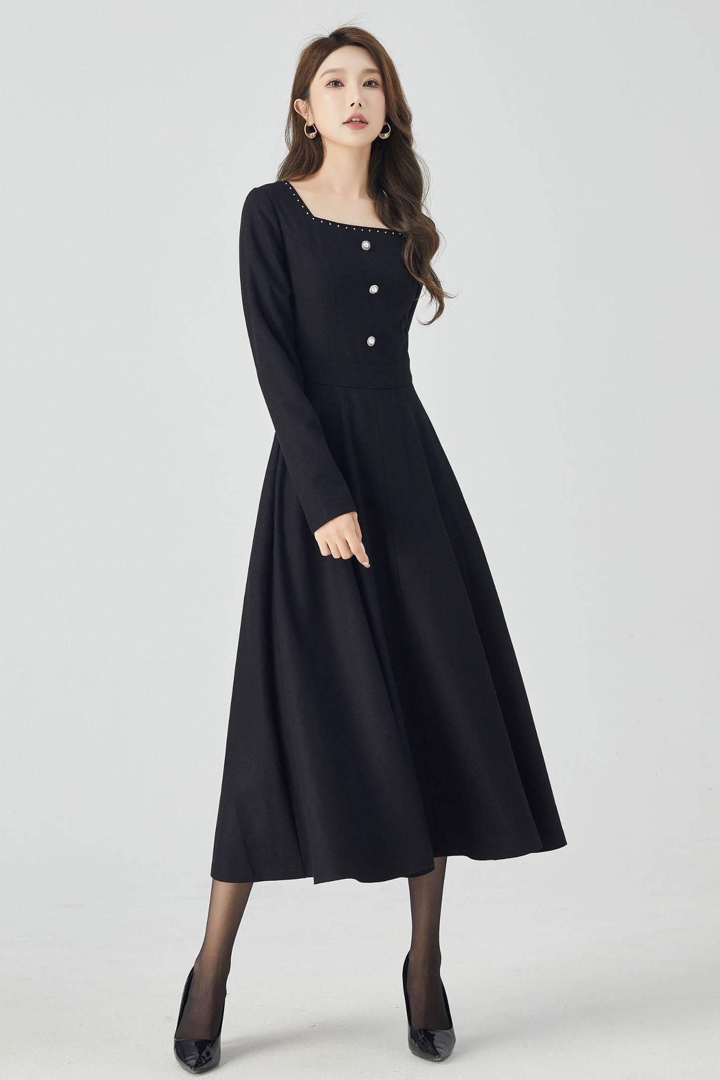 Long sleeves black midi wool dress 5246