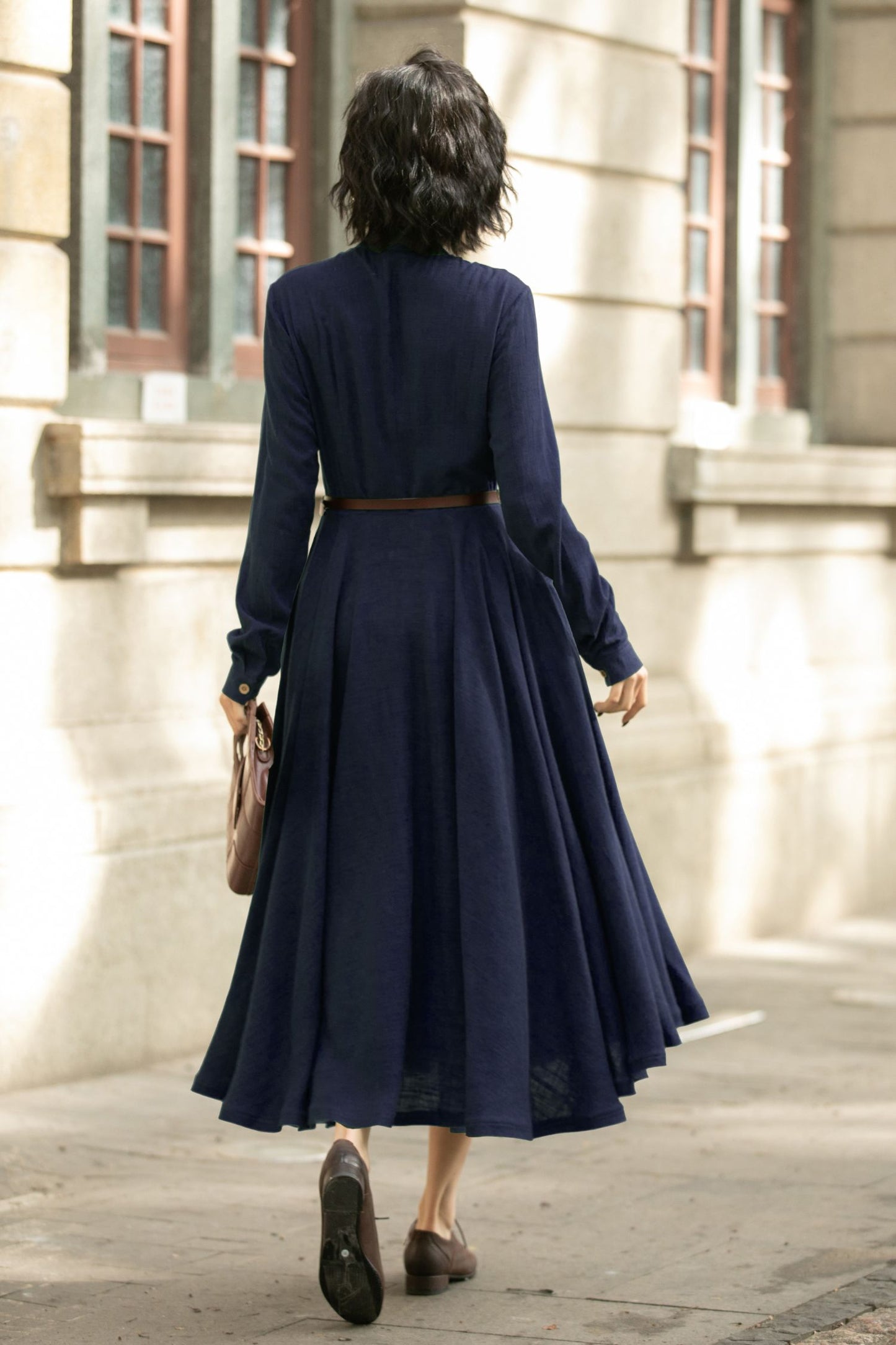 Navy Linen Midi Dress – Handmade Vintage A-Line Long Sleeve Button Dress 6671
