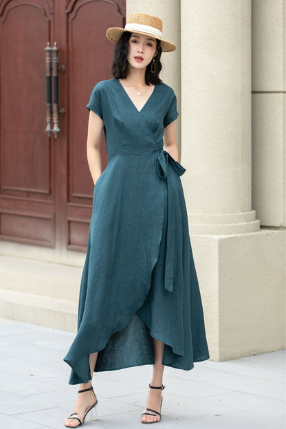 Short sleeve Green Linen Wrap dress 5142